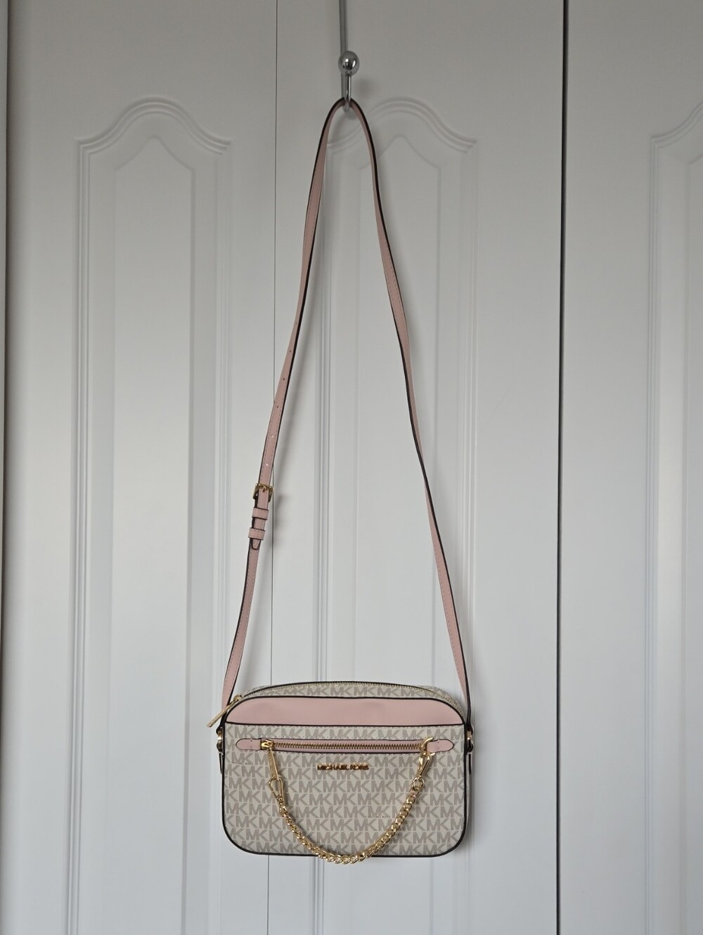 Michael Kors Women's Pink and Beige MK Logo Crossbody Purse